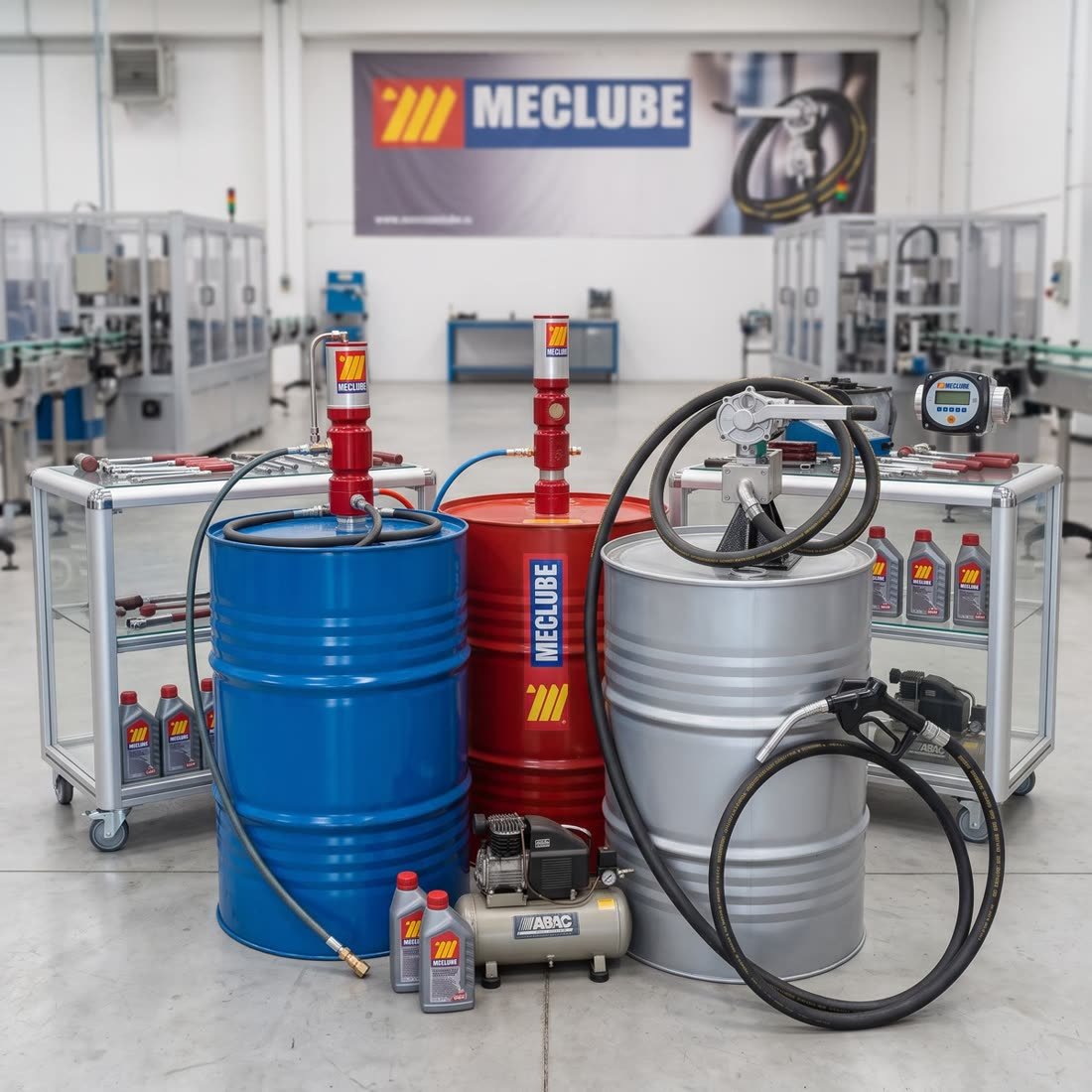 Equipos de lubricación MECLUBE junto a tambores de aceite
